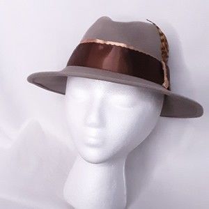 Fedora Tan Hat With Brown Yellow Ribbon And Feather Accent